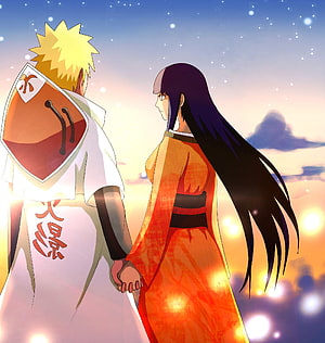 Naruto and Hinata Holding Hands at Sunset in Anime Style HD phone wallpaper