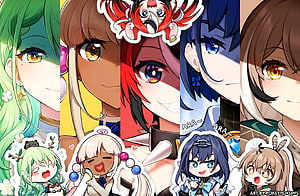 Hololive VTuber Character Collage with Chibi Stickers and Anime Portraits HD wallpaper