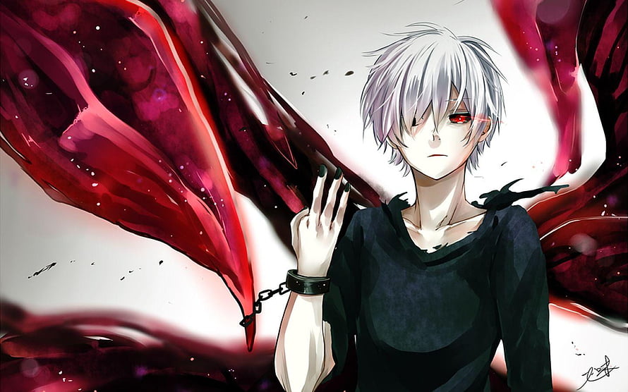 Kaneki Ken from Tokyo Ghoul with red wings and chains in dark anime art HD wallpaper