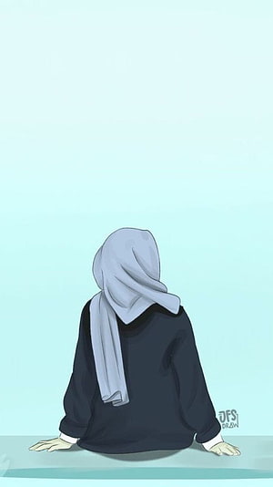 Anime Muslimah Girl in Grey Hijab and Black Abaya Sitting on a Bench HD phone wallpaper