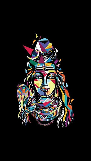 Vibrant Geometric Portrait of a Native Woman with Headdress and Beaded Necklaces on Black Background HD phone wallpaper