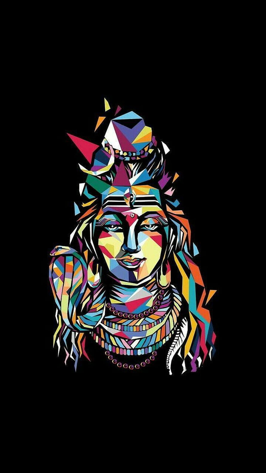 Vibrant Geometric Portrait of a Native Woman with Headdress and Beaded Necklaces on Black Background HD phone wallpaper