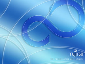 Fujitsu Corporate Branding with Abstract Blue Infinity Loop and Flowing Lines HD wallpaper