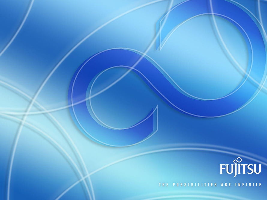 Fujitsu Corporate Branding with Abstract Blue Infinity Loop and Flowing Lines HD wallpaper