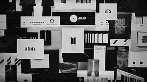 BTS Black and White Design Aesthetic Collage with ARMY Branding and Typography HD wallpaper
