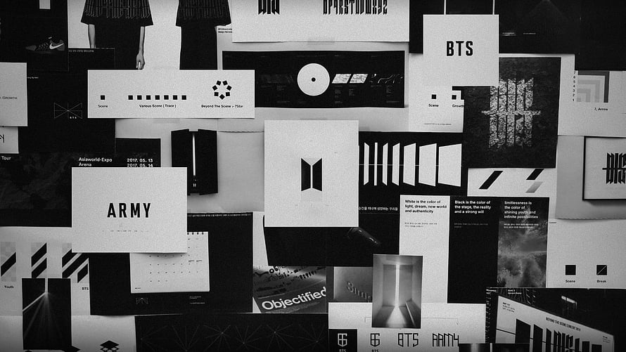 BTS Black and White Design Aesthetic Collage with ARMY Branding and Typography HD wallpaper