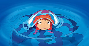 Ponyo Floating in Blue Water with Red Hair and Wide Eyes HD wallpaper