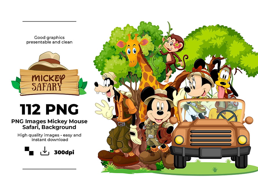 Mickey Mouse and Friends in Safari Outfits with Jeep and Wildlife HD wallpaper