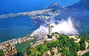 Aerial View of Christ the Redeemer Statue Overlooking Rio De Janeiro City and Guanabara Bay HD wallpaper