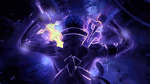 Sword Art Online Character Wielding Dual Glowing Swords in Dark Fantasy Battle Scene HD wallpaper