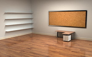 Minimalist Office Interior With Cork Board, Floating Shelves, and L-Shaped Desk HD wallpaper