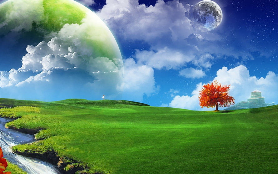 Surreal Fantasy Landscape with Giant Green Planet and Autumn Tree HD wallpaper