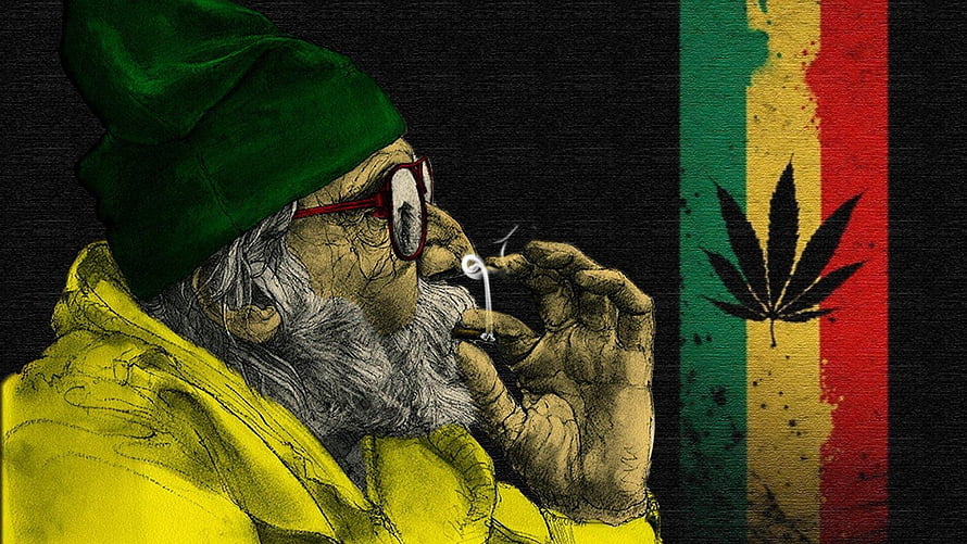 Reggae Elder Smoking Joint With Rasta Flag and Cannabis Leaf Illustration HD wallpaper