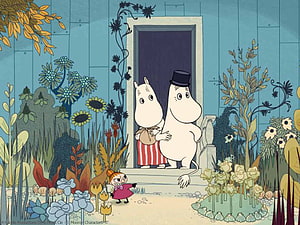 Moomin and Moominmamma in a Lush Garden with Little My HD wallpaper