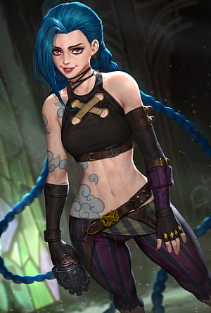 Jinx from Arcane and League of Legends in a stylized digital illustration with blue braided hair and tactical outfit HD phone wallpaper