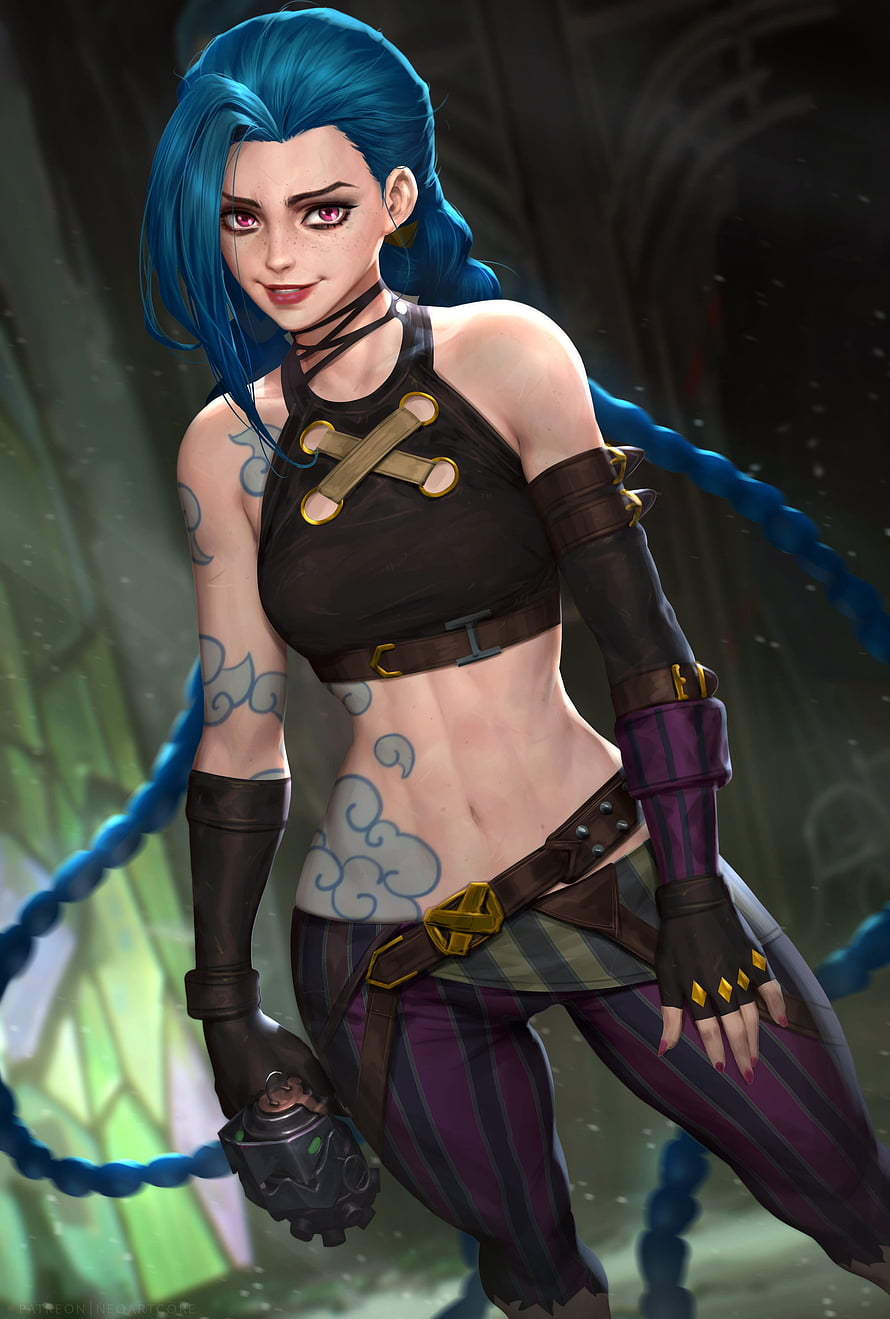 Jinx from Arcane and League of Legends in a stylized digital illustration with blue braided hair and tactical outfit HD phone wallpaper