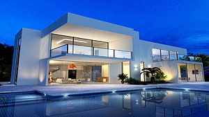 Modern White Villa with Infinity Pool at Dusk HD wallpaper