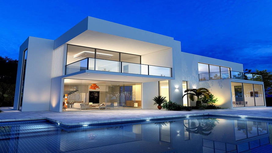 Modern White Villa with Infinity Pool at Dusk HD wallpaper
