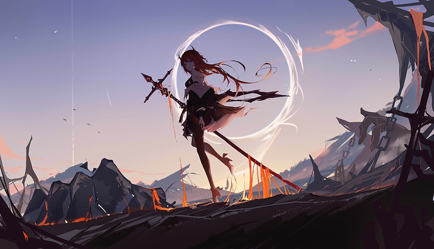 Surtr from Arknights Standing on a Ruined Battlefield at Dusk HD wallpaper