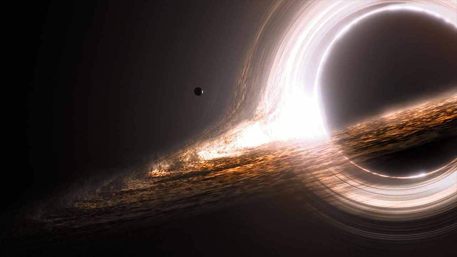 Majestic Black Hole with Glowing Accretion Disk and Distant Planet in Deep Space HD wallpaper