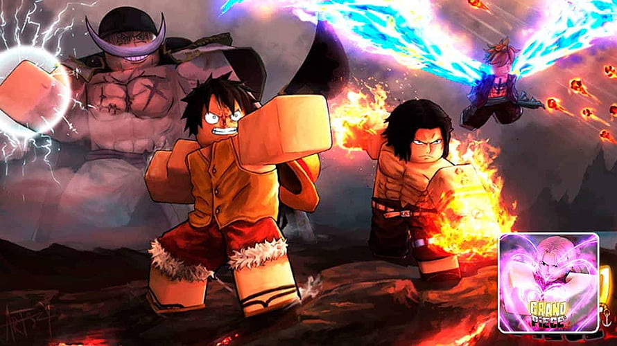 Grand Piece Online Blocky Anime Battle Scene with Fire and Lightning Effects HD wallpaper
