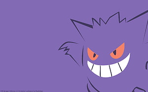 Gengar from Pokemon in a minimalist purple illustration with a wide grin and glowing orange eyes HD wallpaper