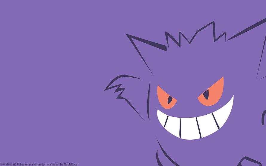 Gengar from Pokemon in a minimalist purple illustration with a wide grin and glowing orange eyes HD wallpaper
