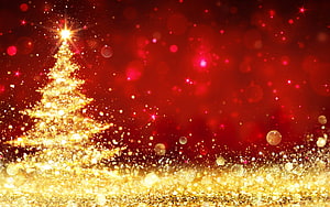 Festive Golden Glitter Christmas Tree with Sparkling Star on Deep Red Background HD wallpaper