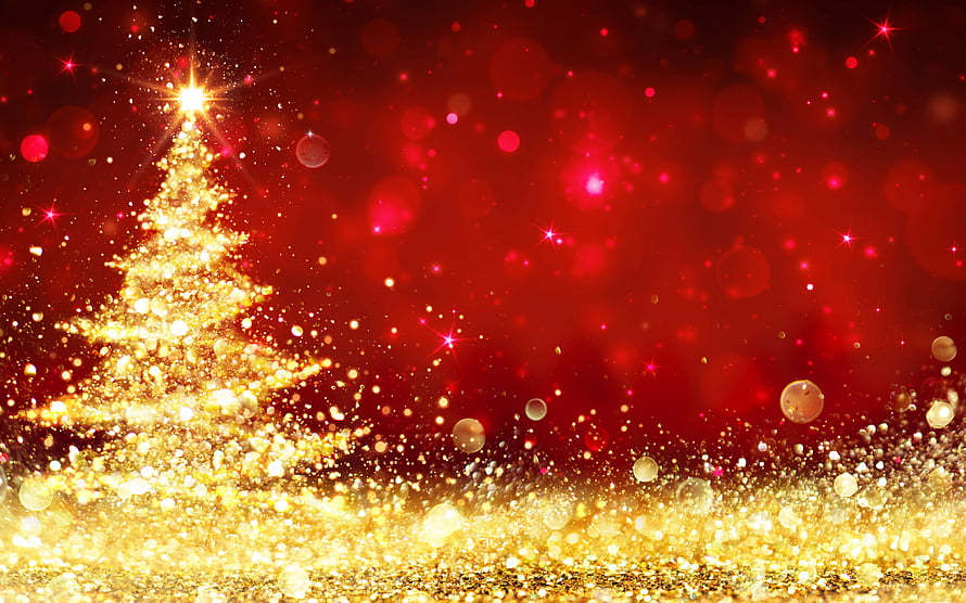 Festive Golden Glitter Christmas Tree with Sparkling Star on Deep Red Background HD wallpaper