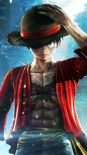 Luffy from One Piece in a gritty cinematic portrait wearing his straw hat and red open shirt HD phone wallpaper