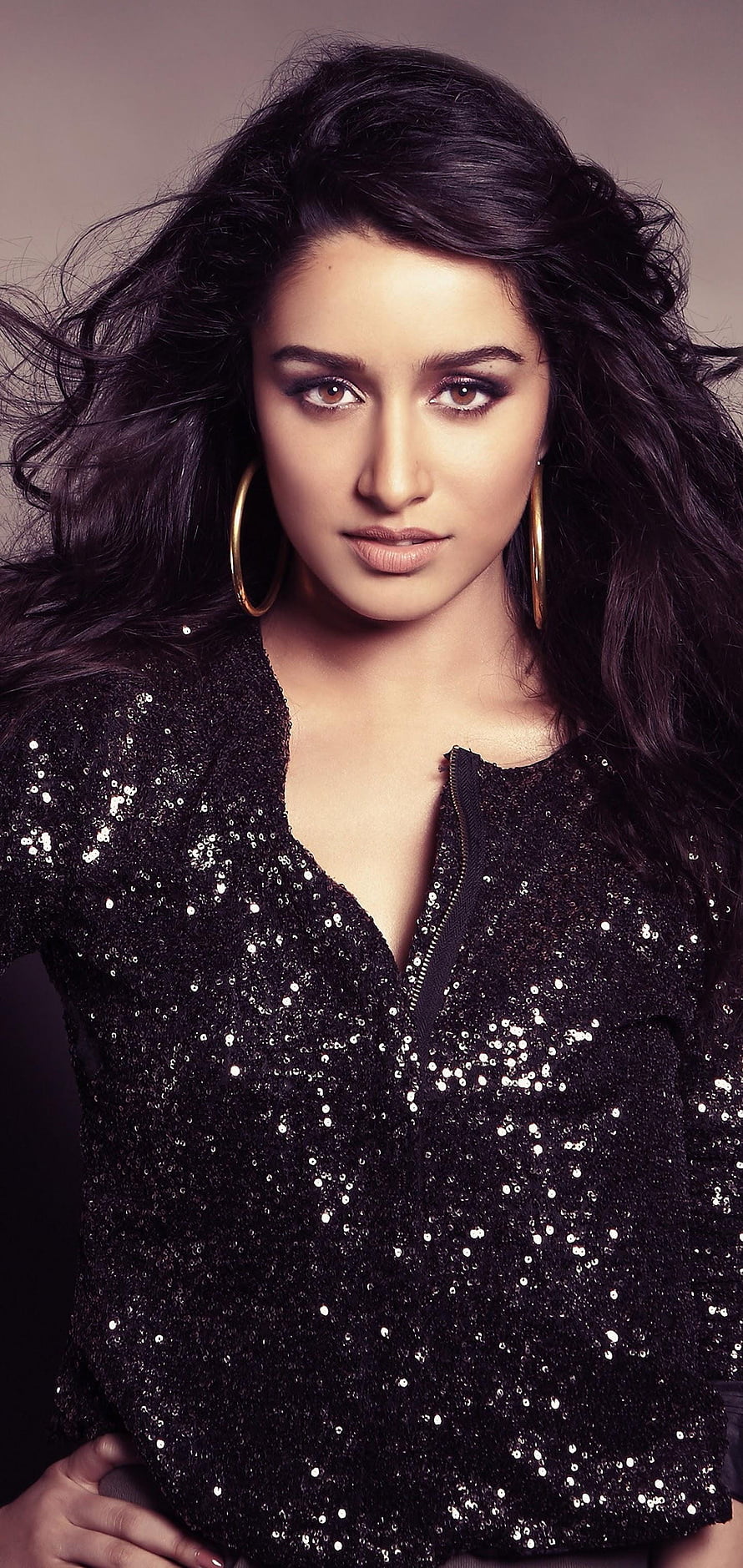 Shraddha Kapoor Studio Portrait in Black Sequined Top with Gold Hoop Earrings HD phone wallpaper