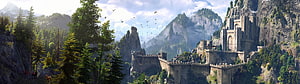 Majestic Mountain Fortress Amidst Lush Forest and Misty Peaks HD wallpaper