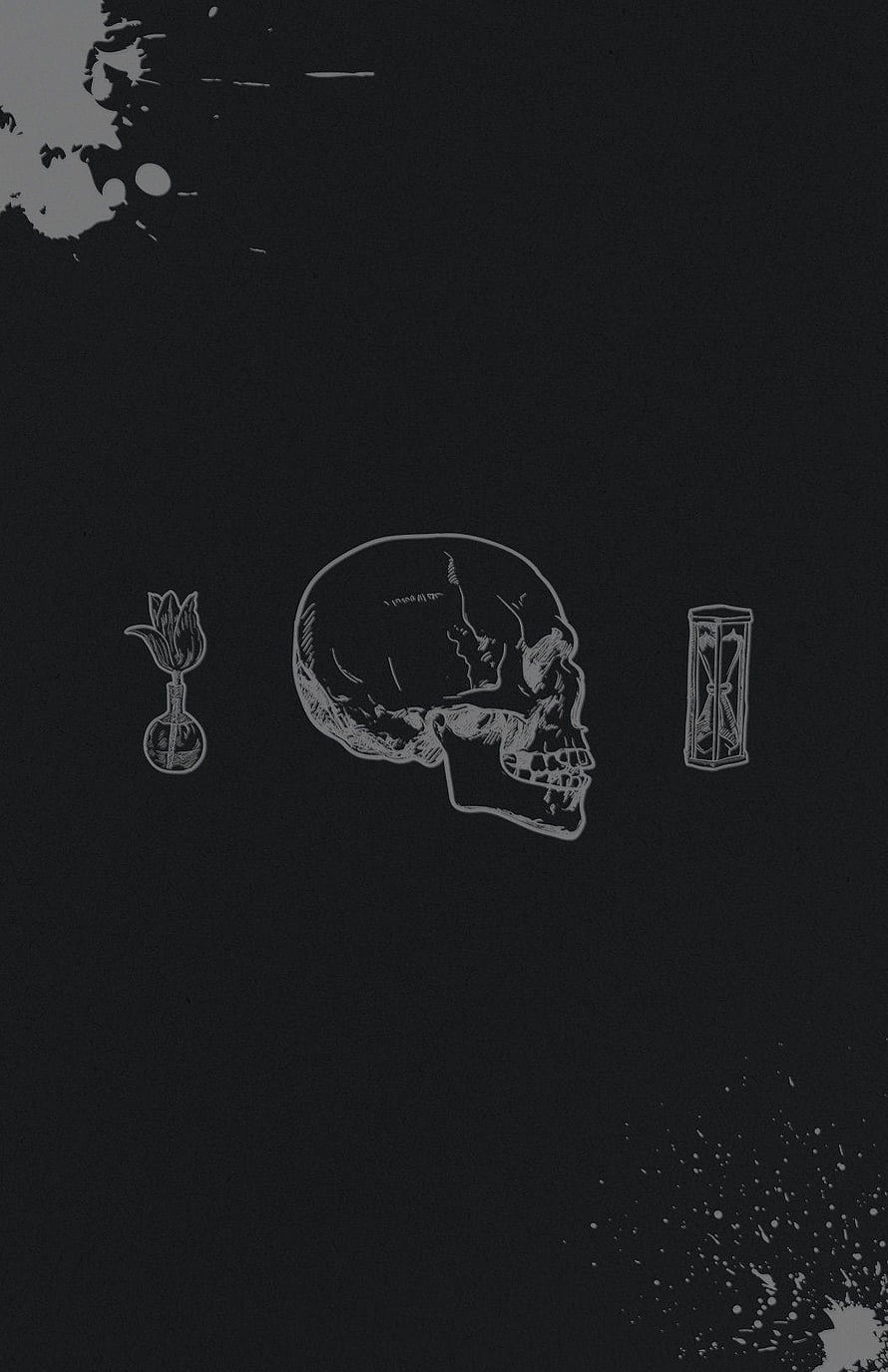 Memento Mori Skull Illustration with Stoic Symbols on Dark Background HD phone wallpaper