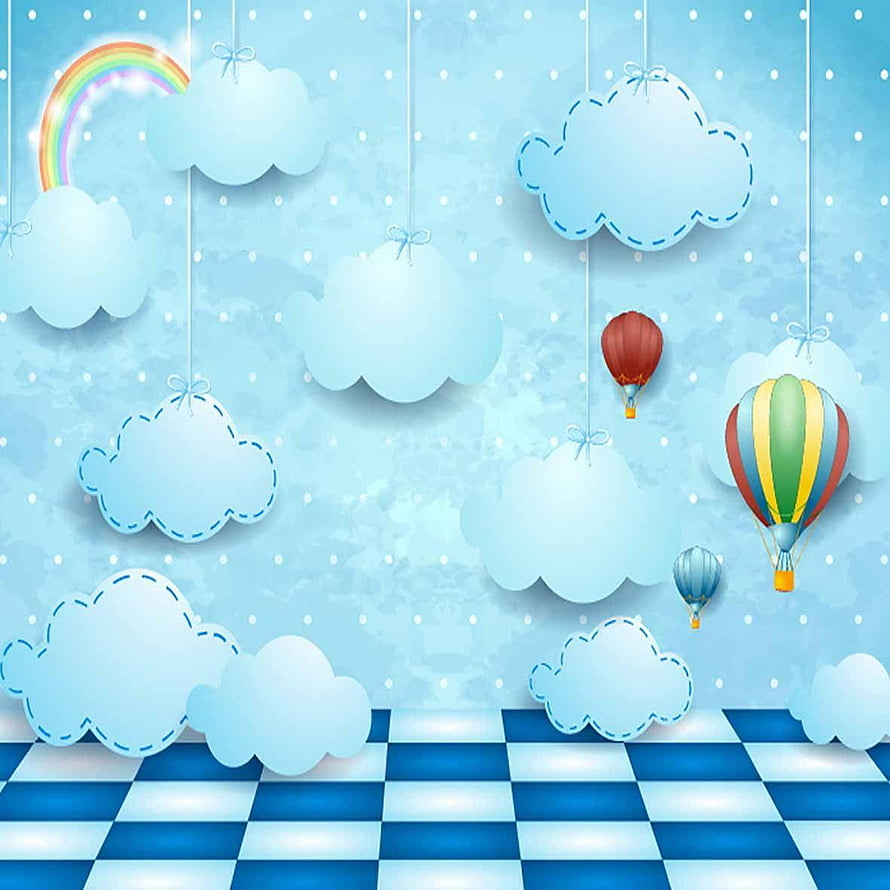 Pastel Blue Sky Backdrop with Hanging Clouds, Hot Air Balloons, and Rainbow HD phone wallpaper