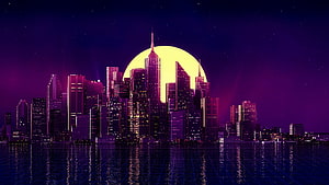 Retro Wave Purple Skyscraper City with Giant Moon and Neon Water Reflections HD wallpaper