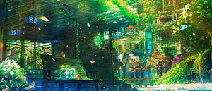 Lush Overgrown Fantasy Village with Glowing Lanterns and Ancient Architecture HD wallpaper