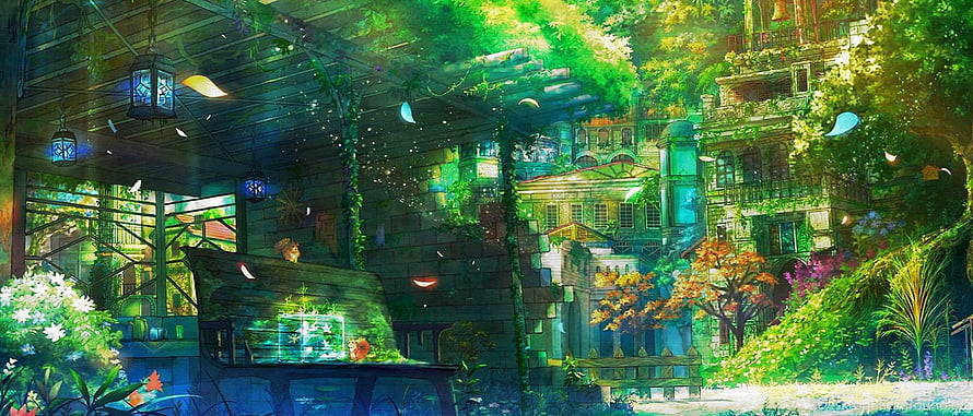 Lush Overgrown Fantasy Village with Glowing Lanterns and Ancient Architecture HD wallpaper