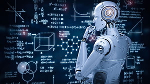 White humanoid robot in contemplative pose against a dark background filled with glowing mathematical equations and scientific diagrams HD wallpaper