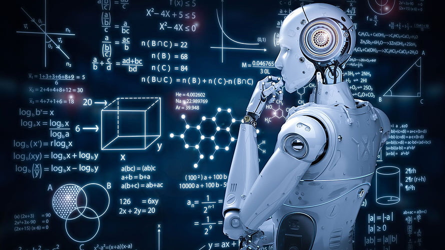 White humanoid robot in contemplative pose against a dark background filled with glowing mathematical equations and scientific diagrams HD wallpaper