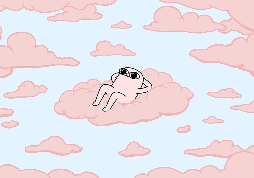 Cute Minimalist Frog Lying on Pink Clouds in Pastel Sky HD wallpaper