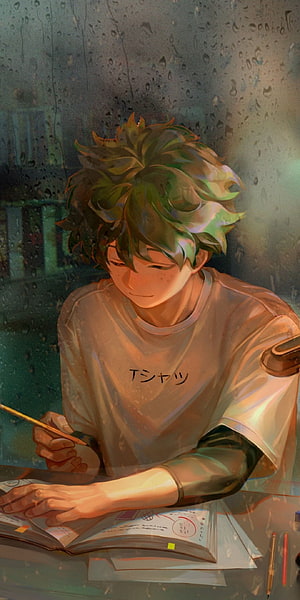 Izuku Midoriya Studying at a Desk in the Rain HD phone wallpaper