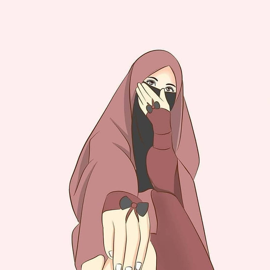 Anime illustration of a Muslim woman in a dusty rose hijab and niqab with a hand covering her mouth HD phone wallpaper