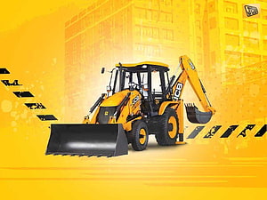 JCB 3DX Backhoe Loader with Front Bucket on Yellow Construction Background HD wallpaper