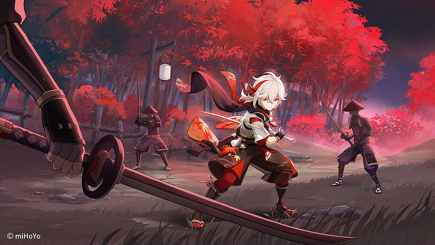 Kaedehara Kazuha in a Crimson Forest Battle Scene from Genshin Impact HD wallpaper