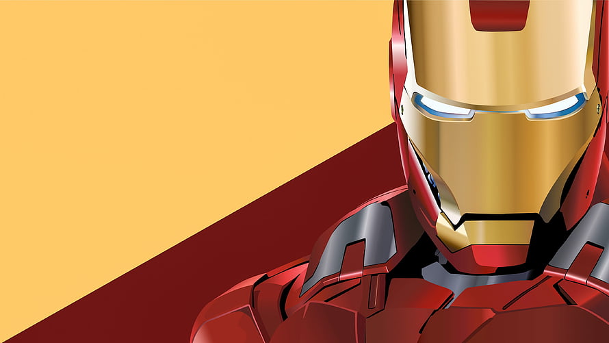 Iron Man Close-Up Portrait in Red and Gold Armor with Glowing Blue Eyes Against a Warm Yellow Background HD wallpaper