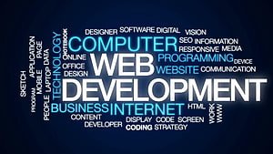 Web Development Word Cloud with Programming and Internet Terminology on Dark Blue Background HD wallpaper