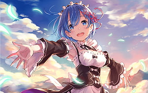 Rem from Re:Zero in a Maid Outfit Reaching Out Under a Vibrant Sky HD wallpaper