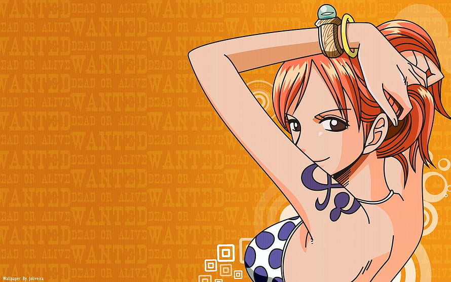 One Piece Nami Anime Character in Polka Dot Bikini with Wanted Poster Background HD wallpaper