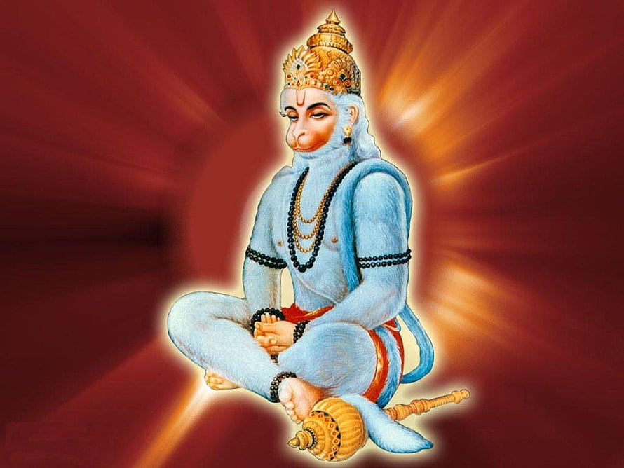 Hanuman in Meditative Pose with Golden Crown and Prayer Beads on Red Background HD wallpaper