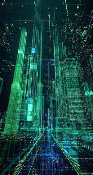 Futuristic Digital Cityscape with Neon Green Wireframe Architecture and Cyber Grid HD phone wallpaper